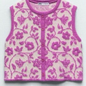 Zara Pink Jaquaed Floral Sweater Vest
